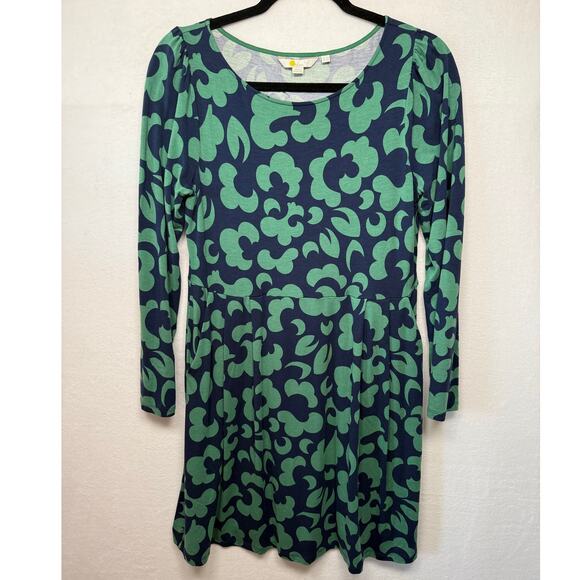 Boden Green/Navy Fit & Flare Long Sleeve Dress, Pockets, Stretch Size 10P - Picture 1 of 5